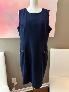 Calvin Klein Navy Sleeveless Shift Dress with Gold Zip Pockets
